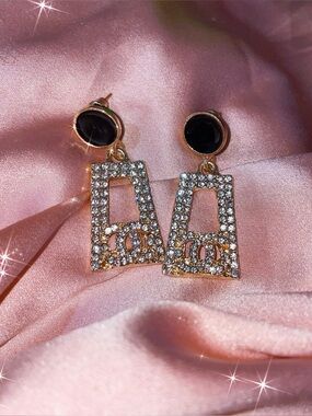Gold Crystal Drop Earrings with Black Stone Accent